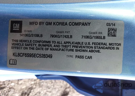 2014 Chevrolet Spark 2Lt Auto из США, поврежденный, VIN KL8CF6S95EC528349